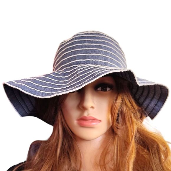 Straw Studios Accessories - Straw Studios Dark Blue Denim and White Striped Floppy Straw Sun Hat